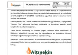 ALTINEKİN KALİTE VE HELAL GIDA POLİTİKASI