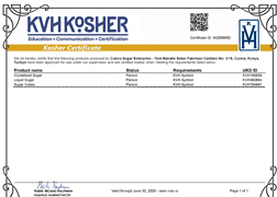 Çumra Şeker Kosher Belgesi